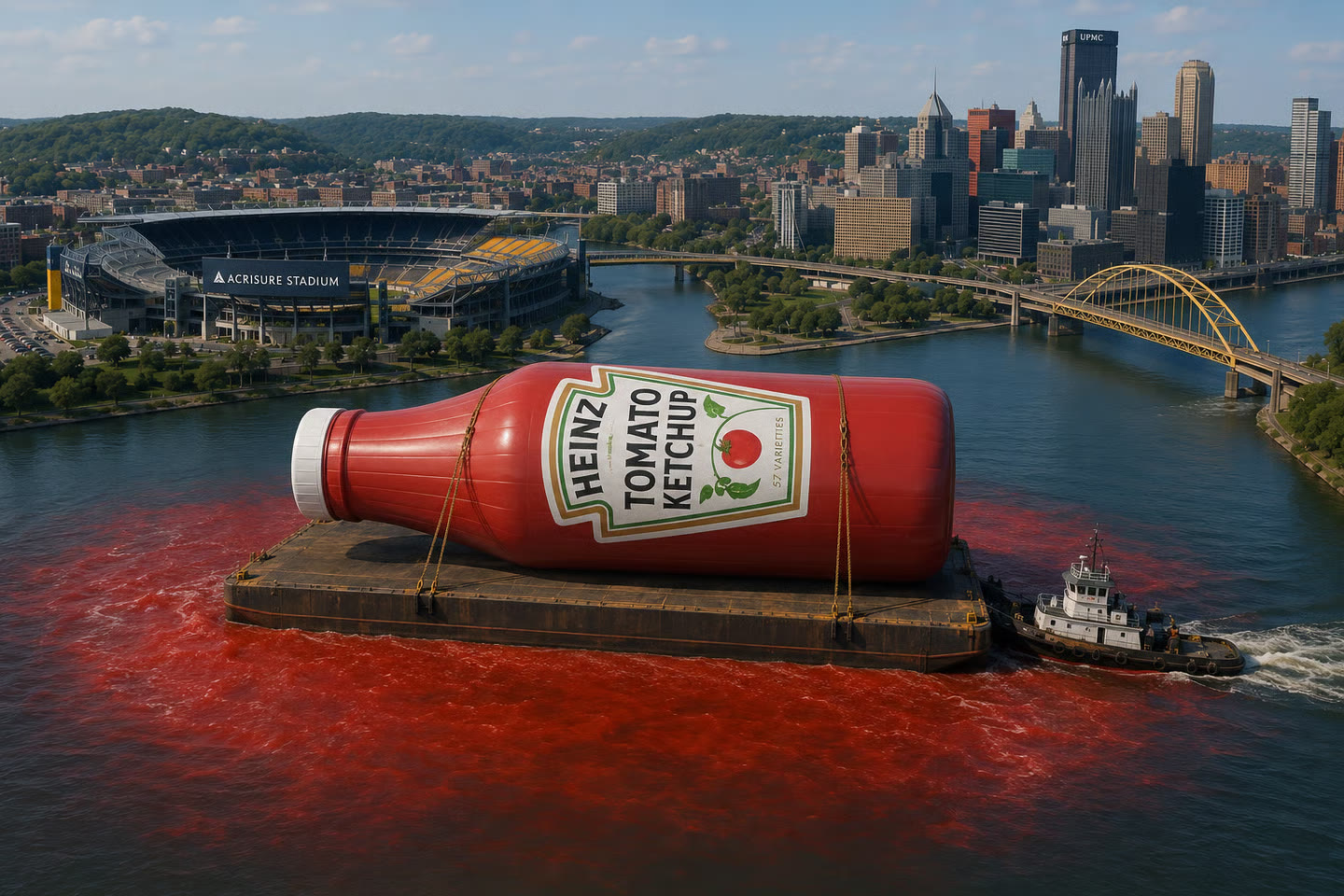 A giant Heinz ketchup bottle on a barge in the Allegheny, Pittsburgh behind it