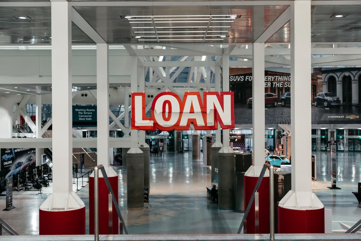 The LOAN sign, seen from the top of the stairs