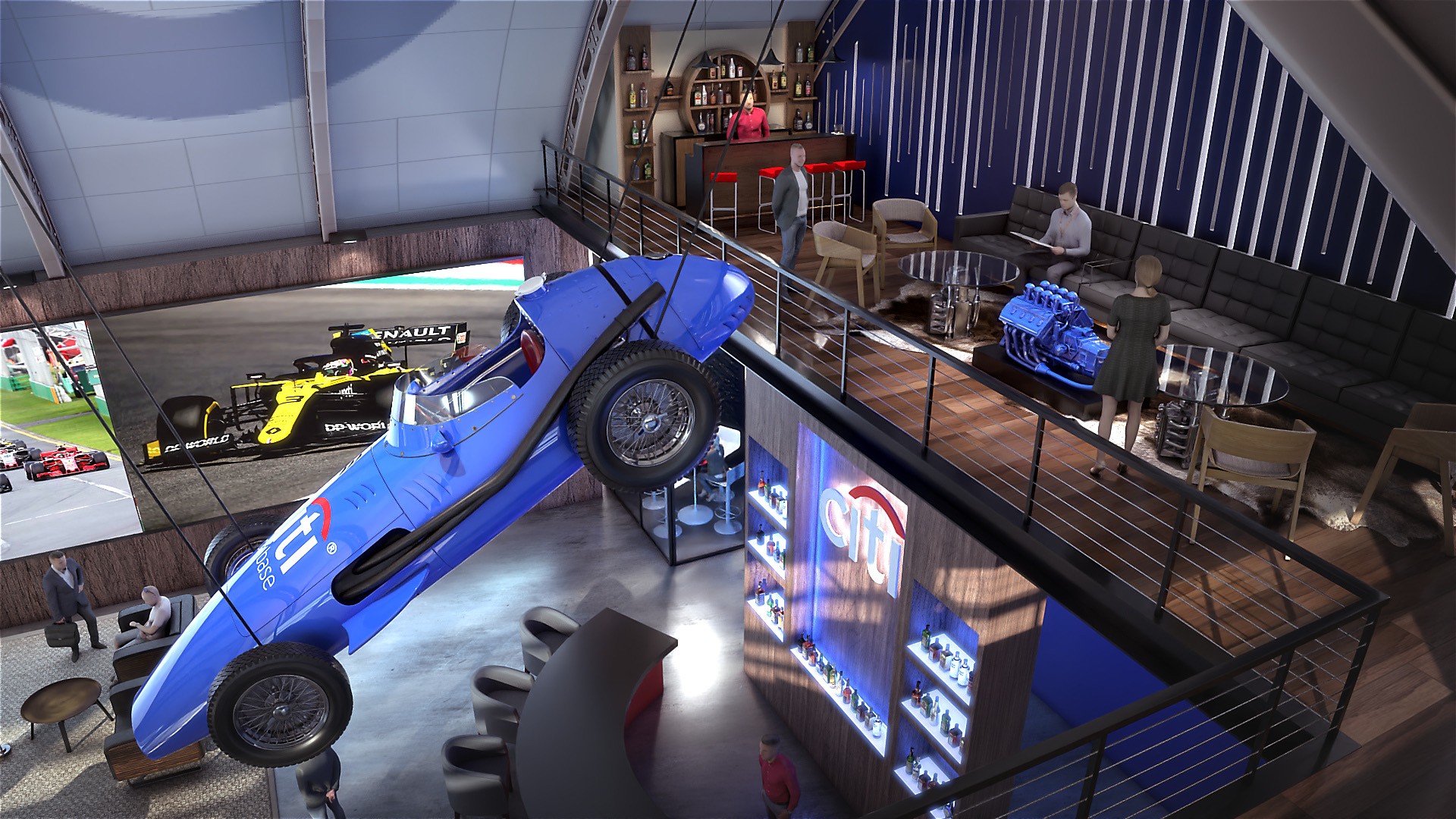 Citi Global Experiential Playbook: a hospitality lounge render with a vintage race car