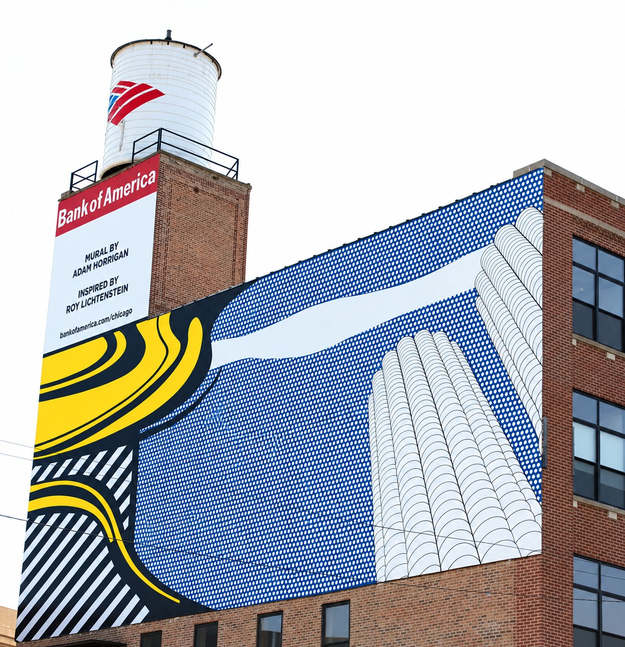 The water tower wall: Marina City in benday dots, with the Bank of America sign