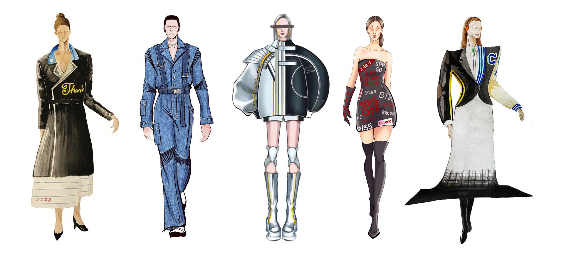 Five student fashion illustrations, one per spending category
